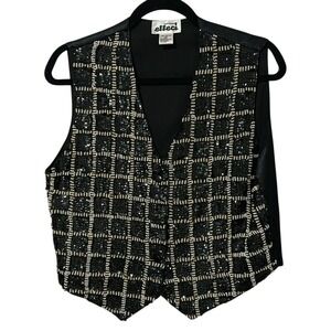 Creazioni Effeci Vintage SEQUIN Black Vest Faux Pearls & Beads Checkered Pattern